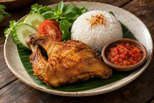 Foto ilustrasi ayam goreng dengan nasi, lalapan, dan sambal