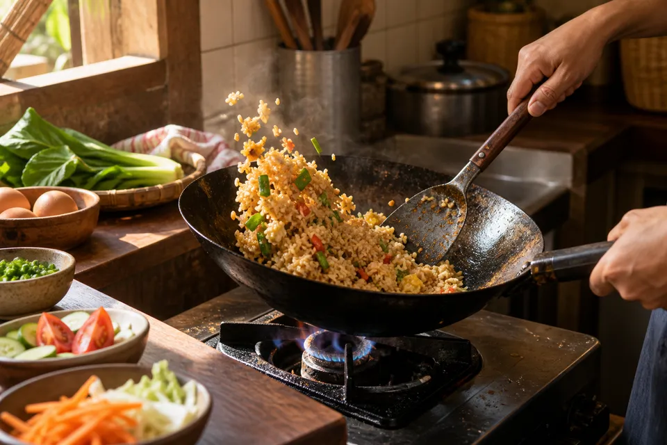 Foto ilustrasi proses memasak nasi goreng di dapur