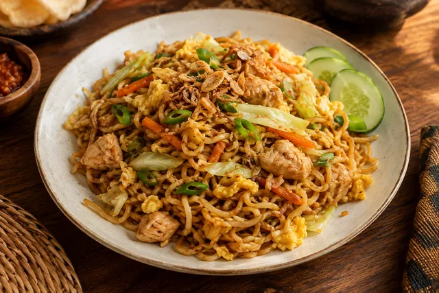 Foto ilustrasi mie goreng dengan sayuran dan telur