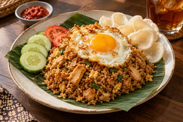 Foto ilustrasi nasi goreng dengan telur, ayam, dan kerupuk