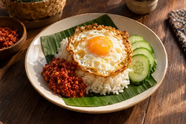 Foto ilustrasi nasi putih dengan telur mata sapi dan sambal