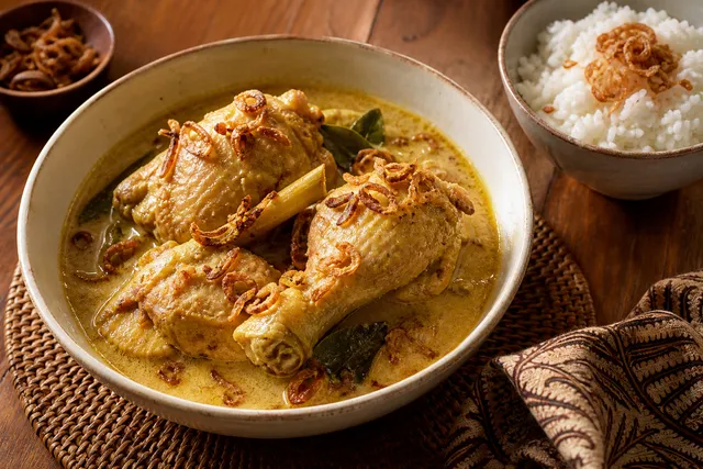 Foto ilustrasi opor ayam dengan kuah santan dan nasi