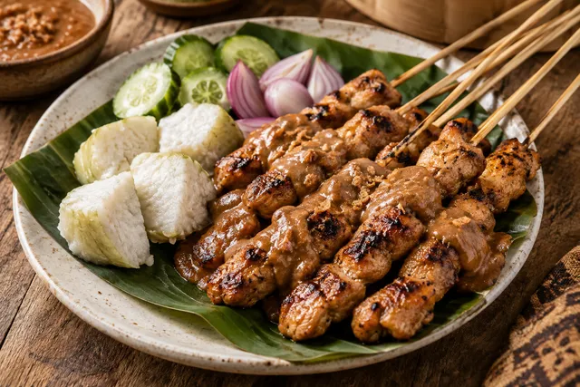 Foto ilustrasi sate ayam dengan bumbu kacang dan lontong
