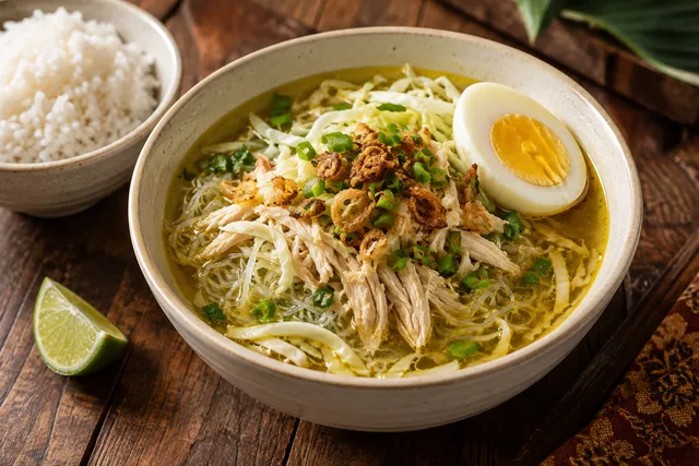 Foto ilustrasi soto ayam berkuah kuning dengan telur dan jeruk nipis