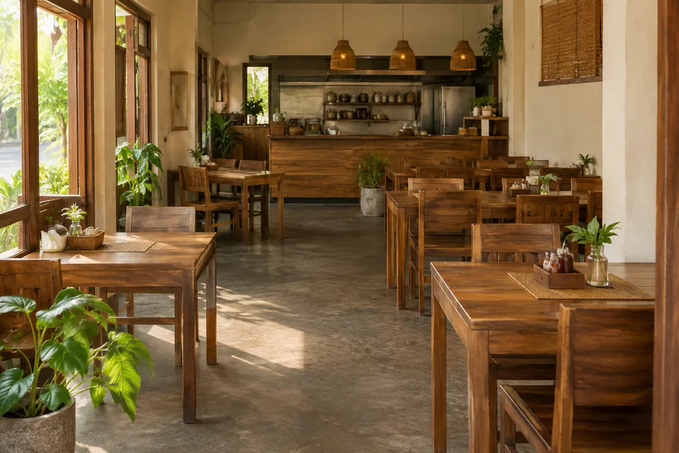 Foto ilustrasi suasana warung yang hangat dengan meja kayu dan area makan nyaman